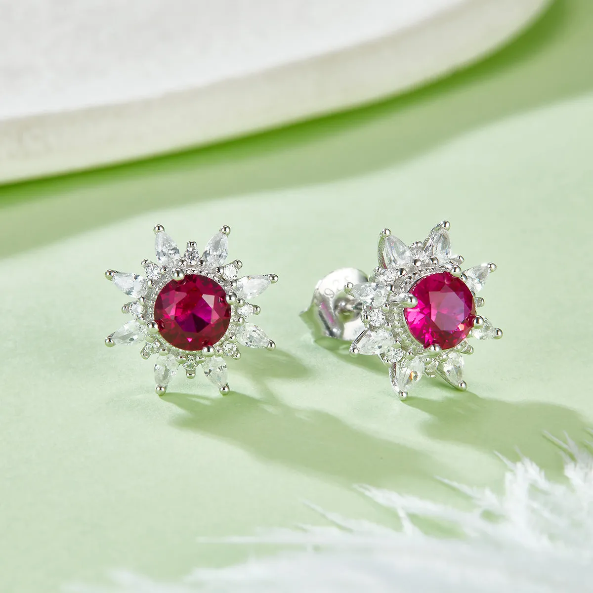 0.5 Carat Round Lab-Created Ruby Sun Stud Earrings in S925 Silver-Plated Platinum