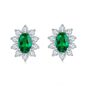 0.8 Carat Oval Lab-Created Emerald Halo Stud Earrings in S925 Silver Plated Platinum