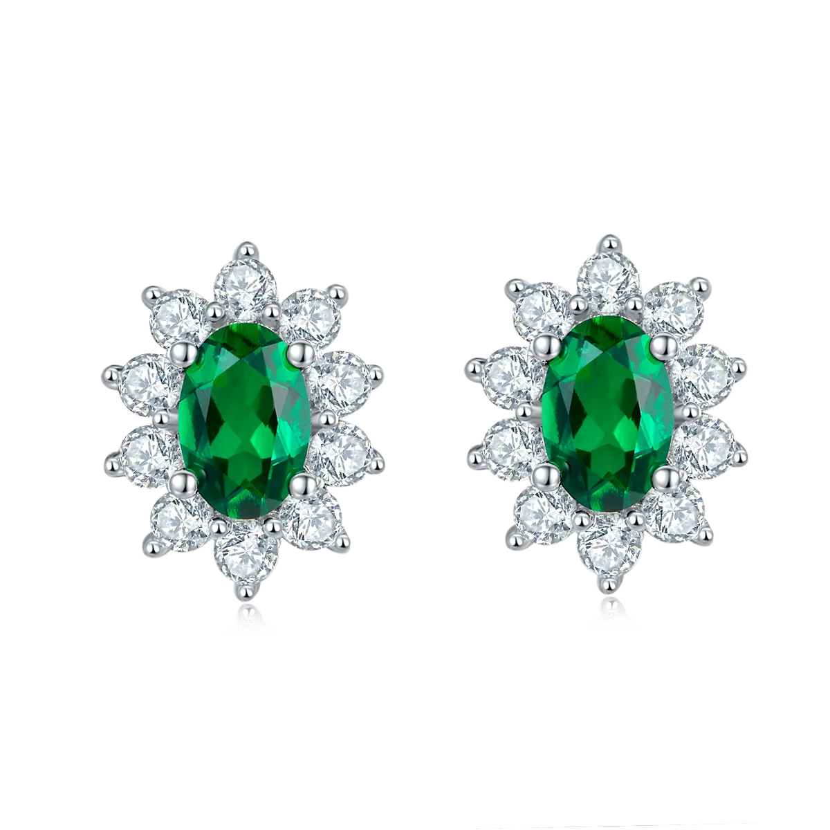 0.8 Carat Oval Lab-Created Emerald Halo Stud Earrings in S925 Silver Plated Platinum