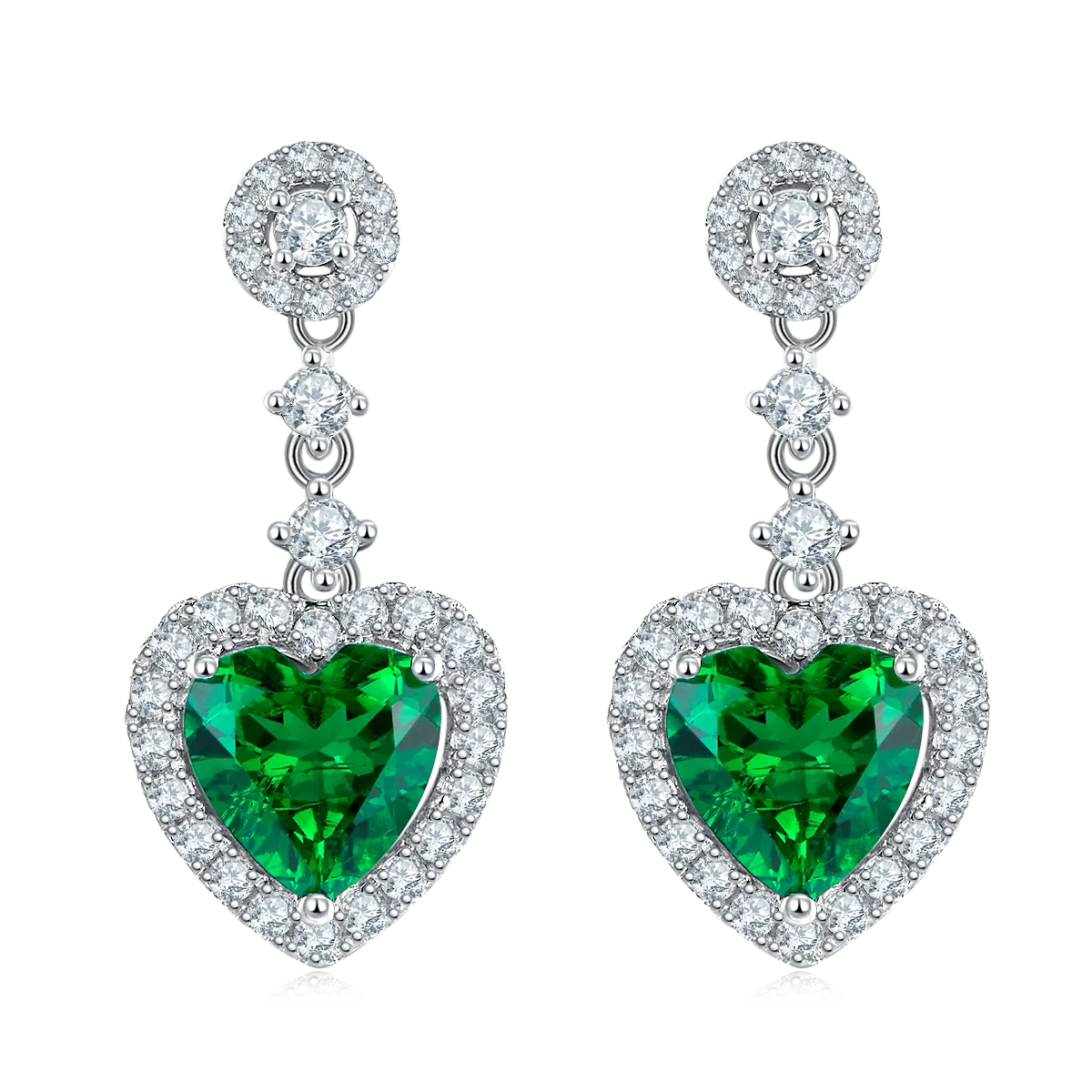 1.38 Carat Heart-Shaped Lab-Created Emerald Halo Drop Earrings in S925 Silver-Plated Platinum