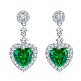 1.38 Carat Heart-Shaped Lab-Created Emerald Halo Drop Earrings in S925 Silver-Plated Platinum