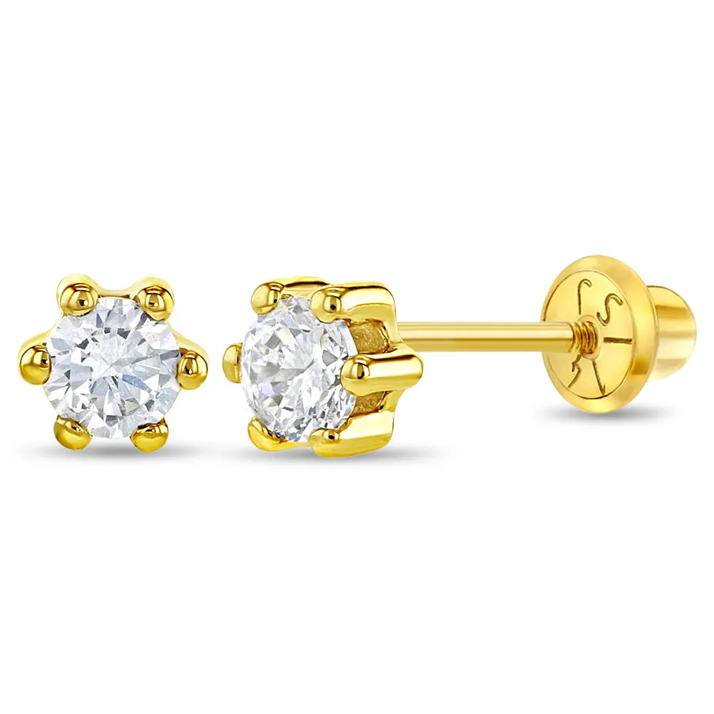 14k Gold 6 Prong CZ Solitaire Baby / Toddler / Kids Earrings Safety Screw Back