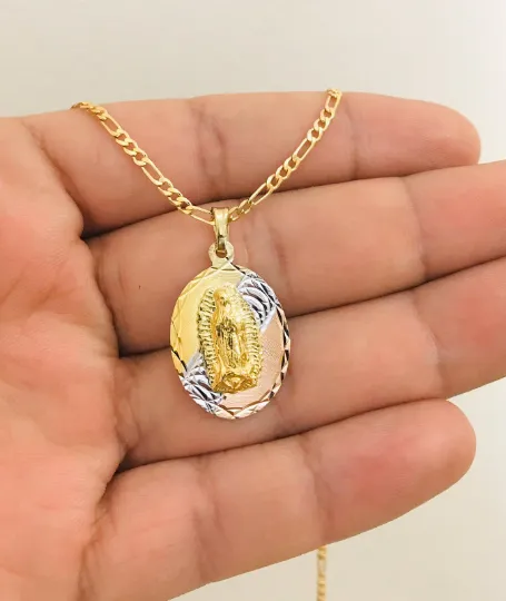 14K Gold Filled Tri-Color Guadalupe Necklace 20" Catholics Pendant 26x18mm , Dije de Guadalupe , Cadena Figaro Link, Regalos Navidad