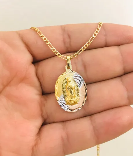 14K Gold Filled Tri-Color Guadalupe Necklace 20" Catholics Pendant 26x18mm , Dije de Guadalupe , Cadena Figaro Link, Regalos Navidad