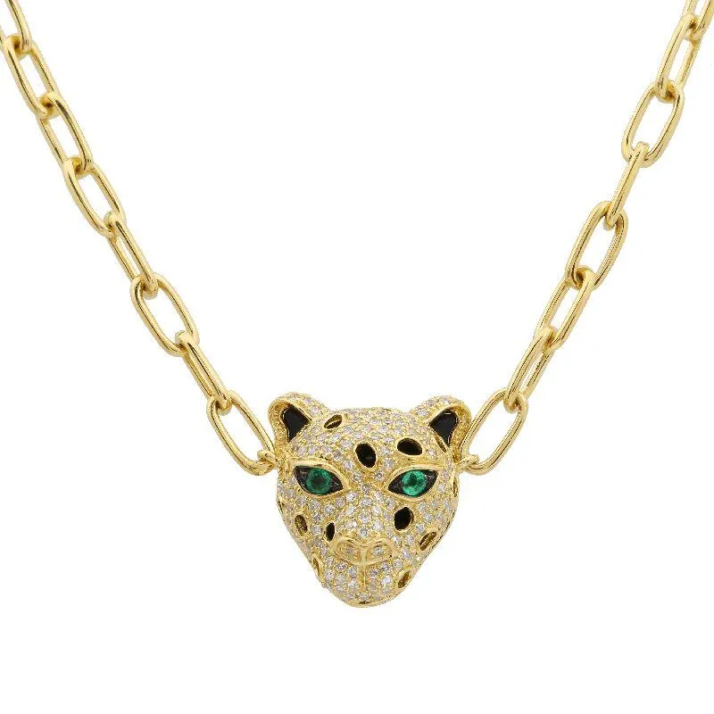 14K Gold Micro Pave Diamond Leopard Link Necklace