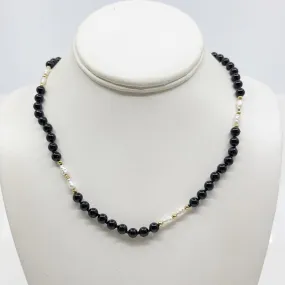 14k Gold onyx & freshwater pearl bead necklace