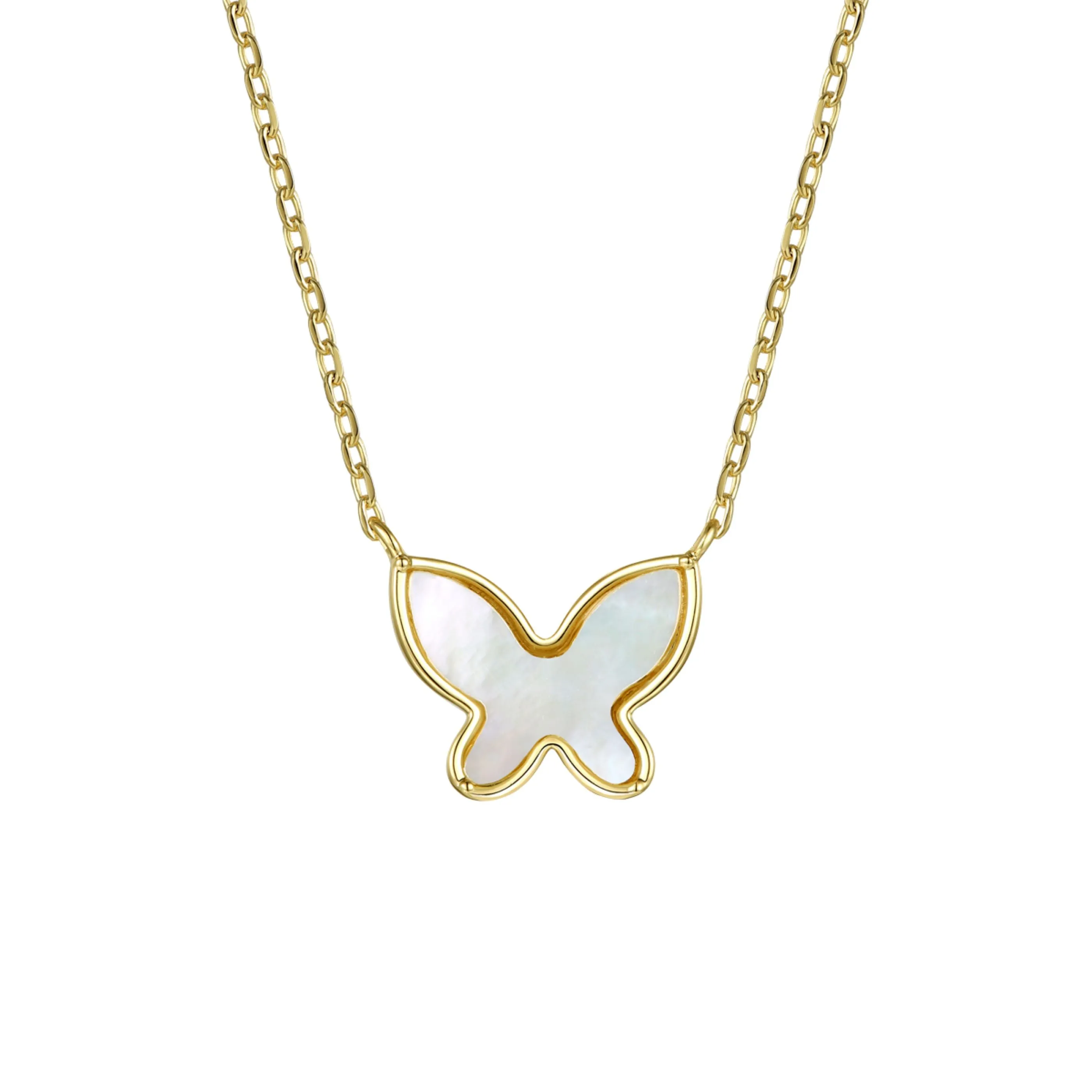 14k Gold Plated Sterling Silver with Mother of Pearl Butterfly Pendant Layering Necklace