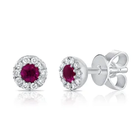 14k Gold Ruby & Diamond Round Stud Earrings