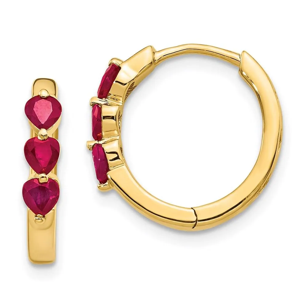 14K Gold w/ Created Ruby Polished Hoop Earrings