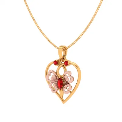 14k Heart Themed Floral Motif Red Stone Studded Gold Locket