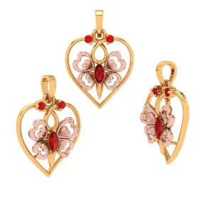 14k Heart Themed Floral Motif Red Stone Studded Gold Locket