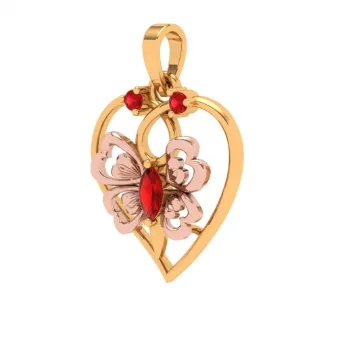 14k Heart Themed Floral Motif Red Stone Studded Gold Locket