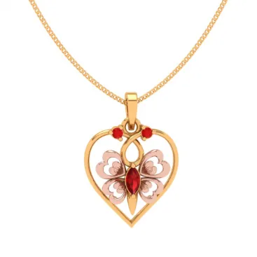 14k Heart Themed Floral Motif Red Stone Studded Gold Locket