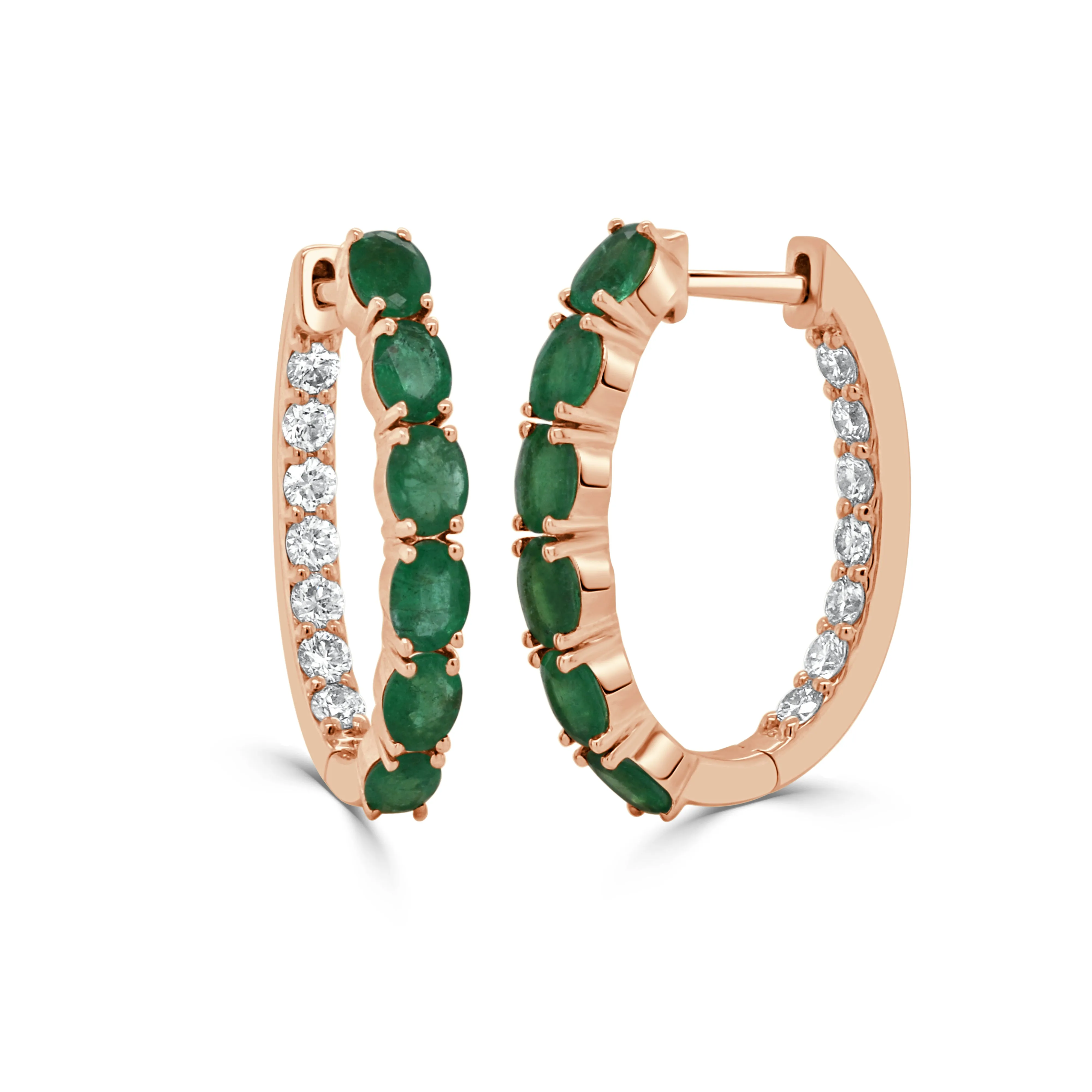 14K Oval Emerald & Diamond Hoop Earring