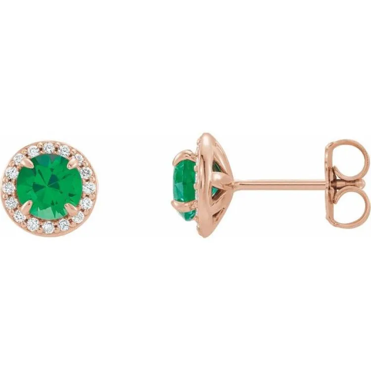 14K Rose 5 mm Natural Emerald & 1/8 CTW Natural Diamond Earrings