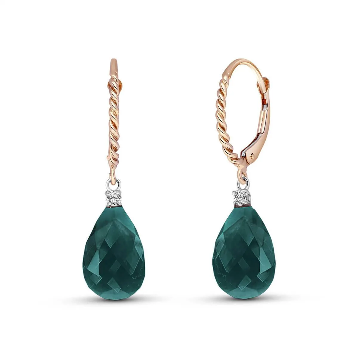 14K Solid Rose Gold Leverback Earrings Diamond & Emerald Jewelry