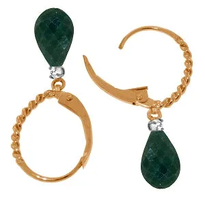 14K Solid Rose Gold Leverback Earrings Diamond & Emerald Jewelry