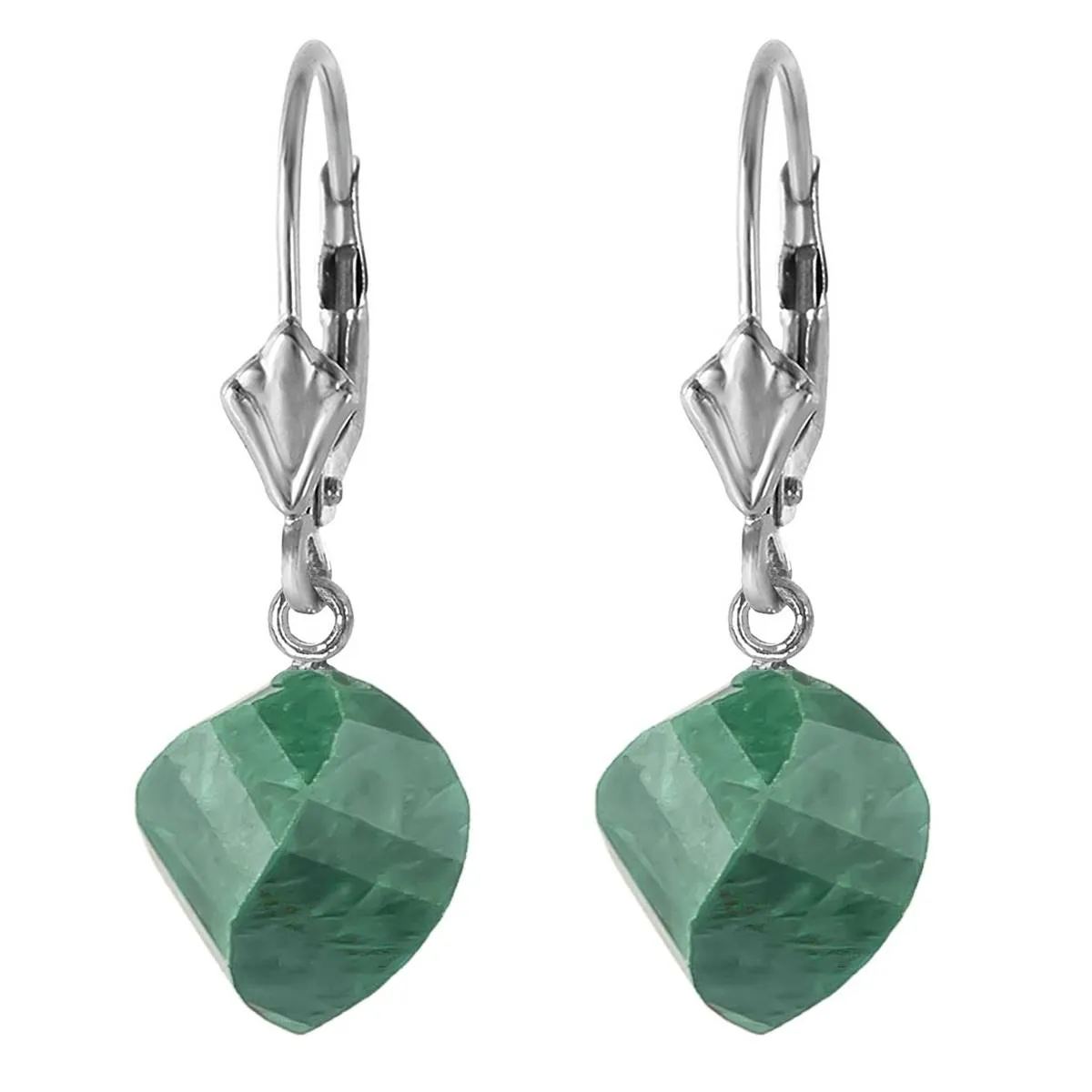 14K Solid White Gold Leverback Earrings Twisted Briolette Emeralds