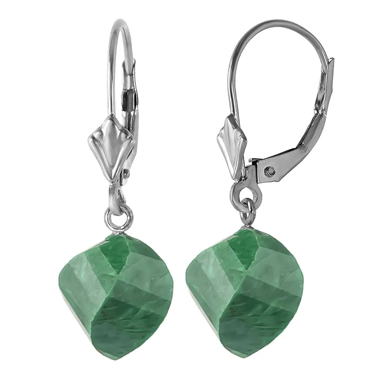 14K Solid White Gold Leverback Earrings Twisted Briolette Emeralds