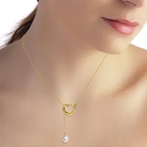 14K Solid Yellow Gold Heart Necklace w/ Drop Natural Pearl