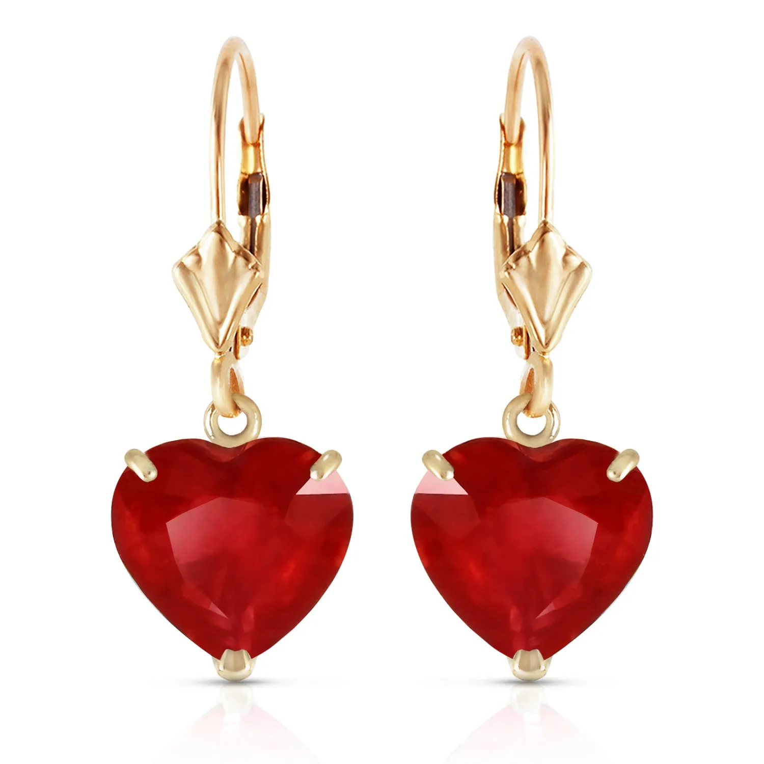 14K Solid Yellow Gold Leverback Earrings Natural 10mm Heart Rubies