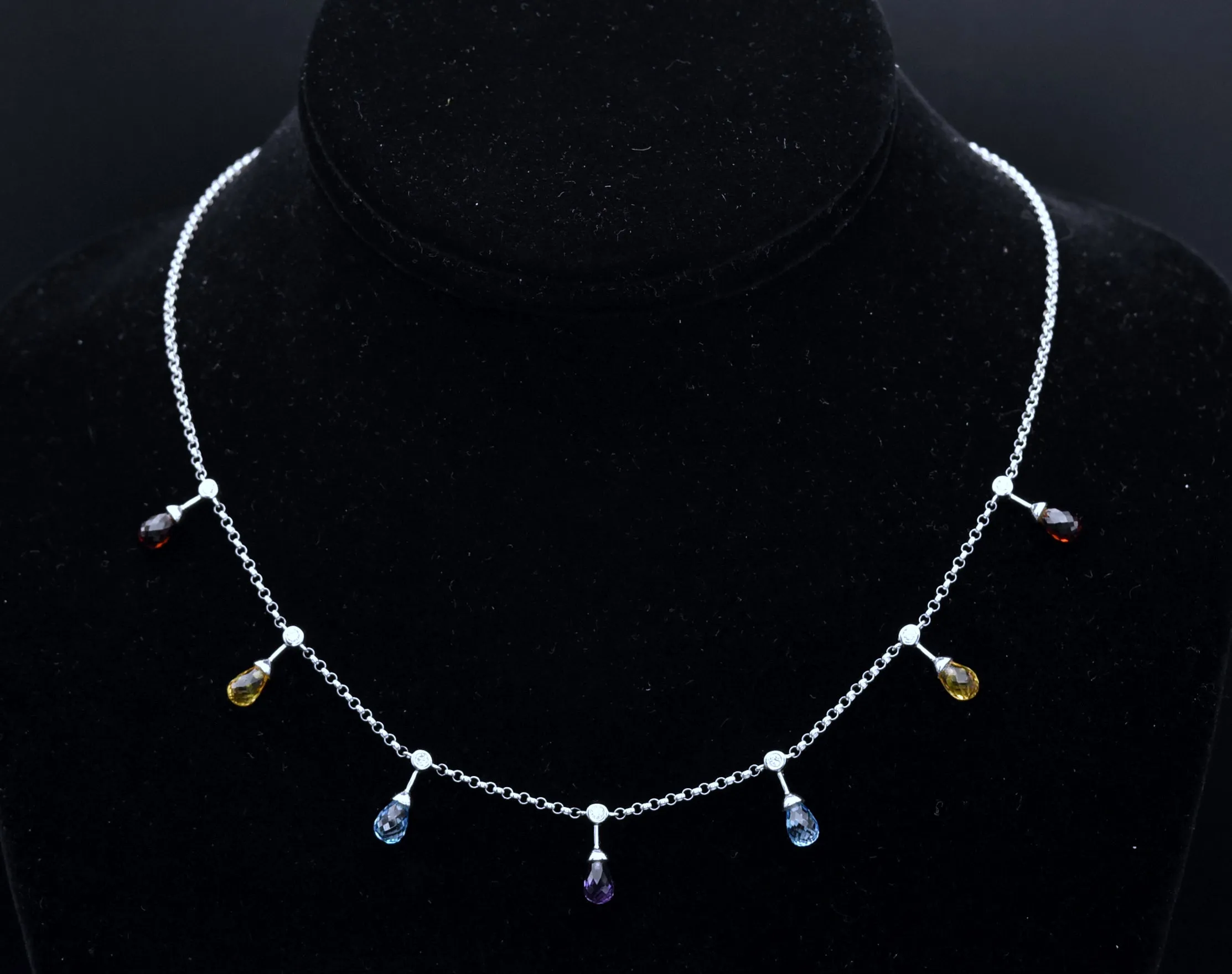 14K White Gold Diamonds, Blue Topaz, Red Garnet, Amethyst and Citrine Chain Necklace - 16.5"