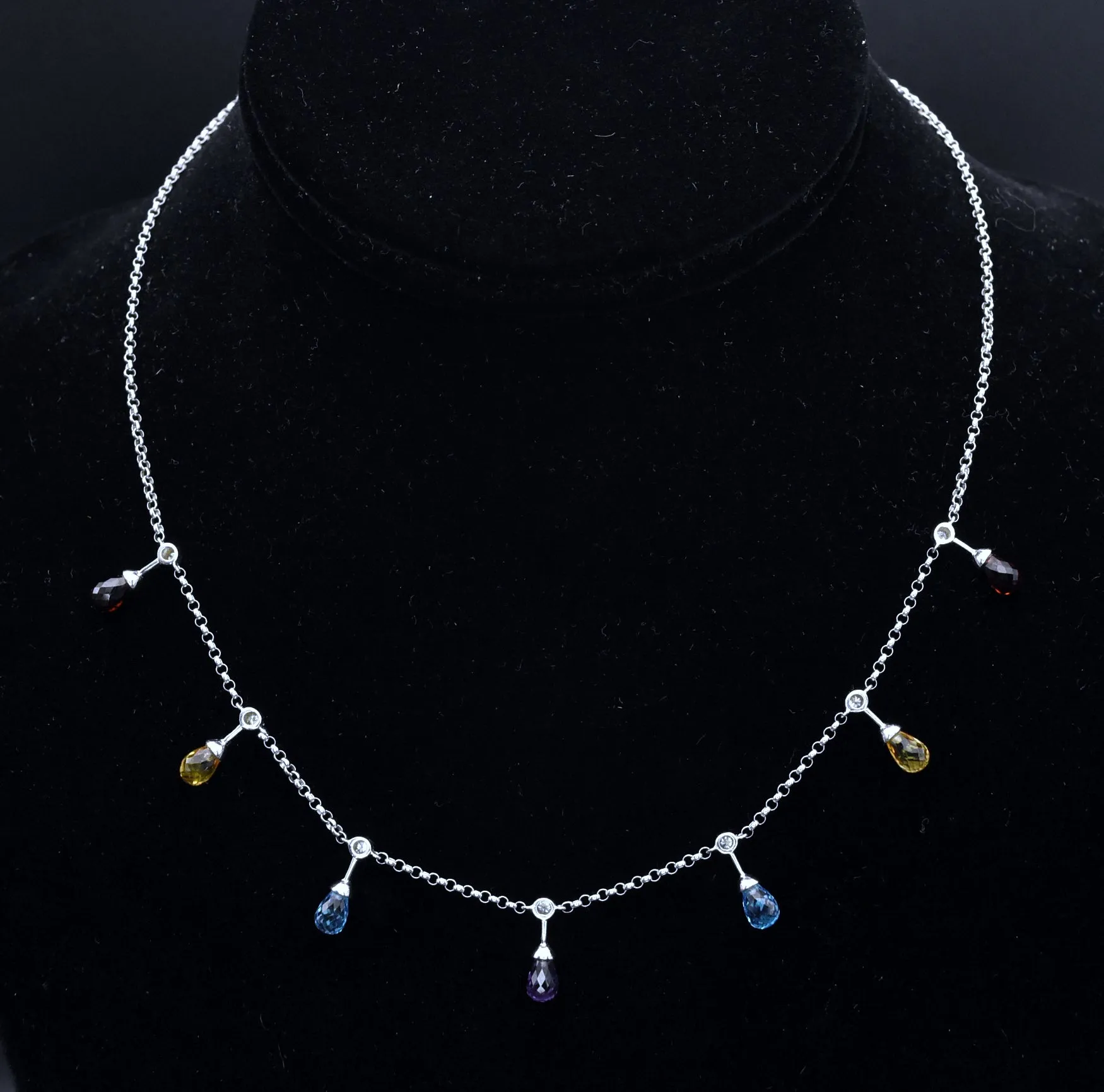 14K White Gold Diamonds, Blue Topaz, Red Garnet, Amethyst and Citrine Chain Necklace - 16.5"