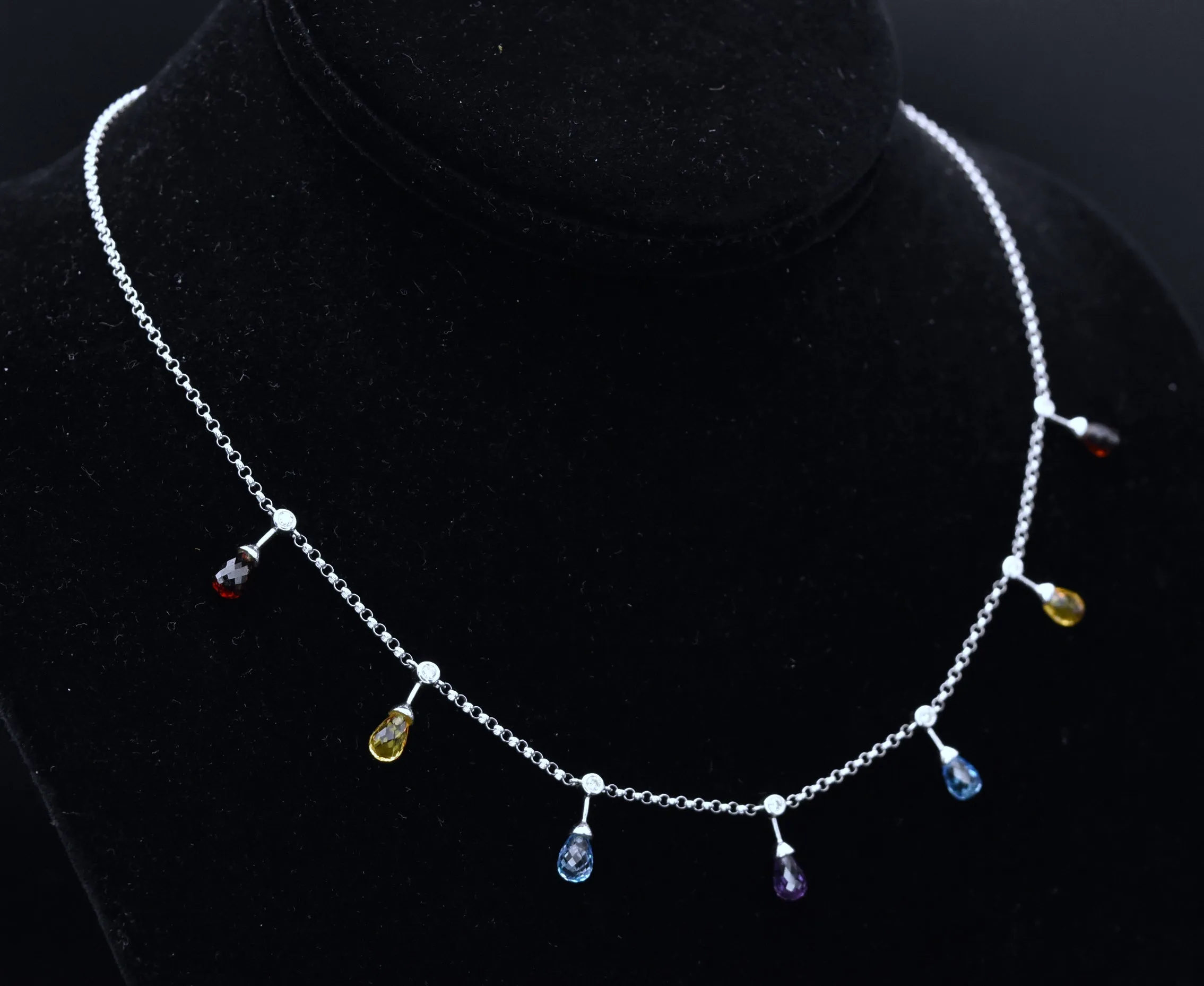 14K White Gold Diamonds, Blue Topaz, Red Garnet, Amethyst and Citrine Chain Necklace - 16.5"