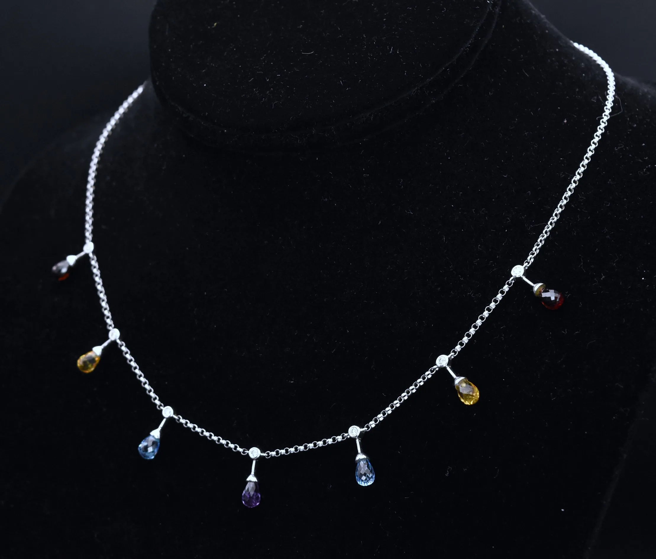 14K White Gold Diamonds, Blue Topaz, Red Garnet, Amethyst and Citrine Chain Necklace - 16.5"