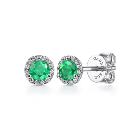 14K White Gold Emerald Halo Stud Earrings - EG12372W45EA