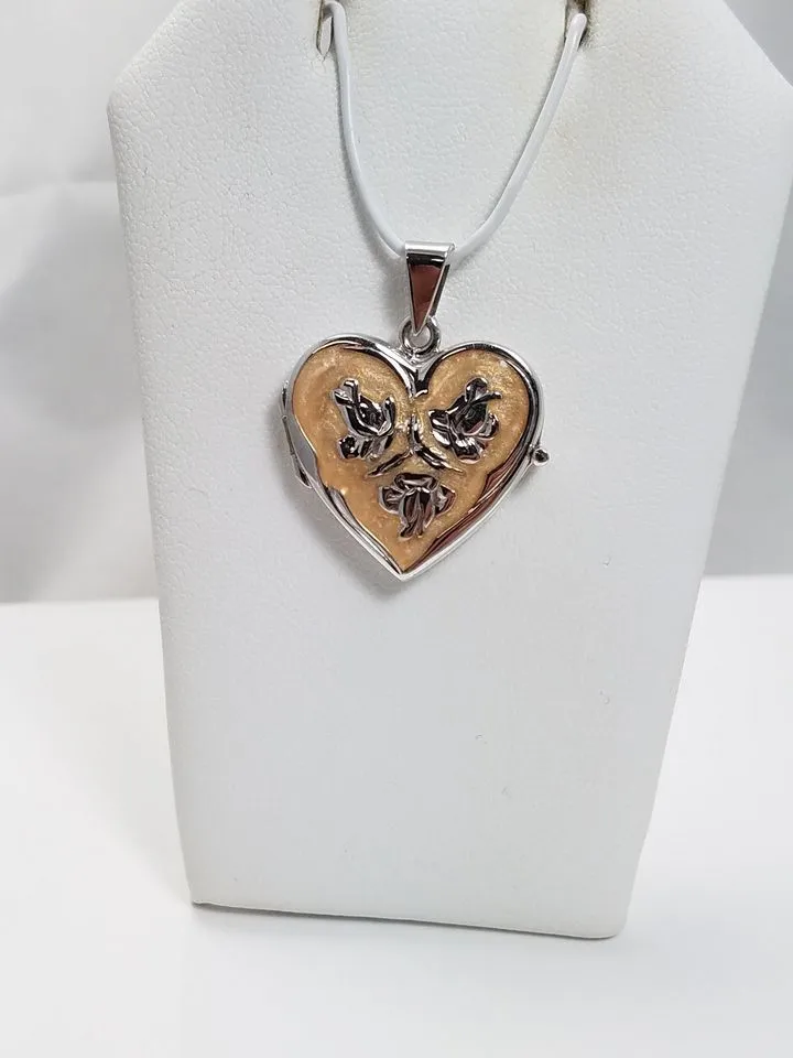 14k White Gold Enamel Heart Locket Pendant