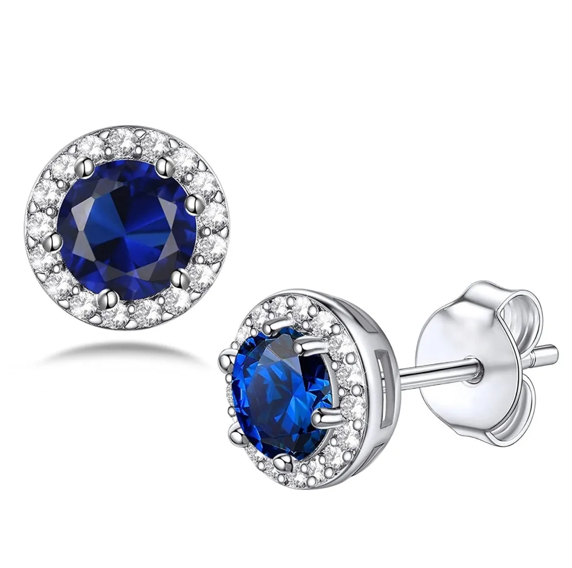 14K White Gold Flashed Birthstone Gemstone CZ Halo Studs Earrings