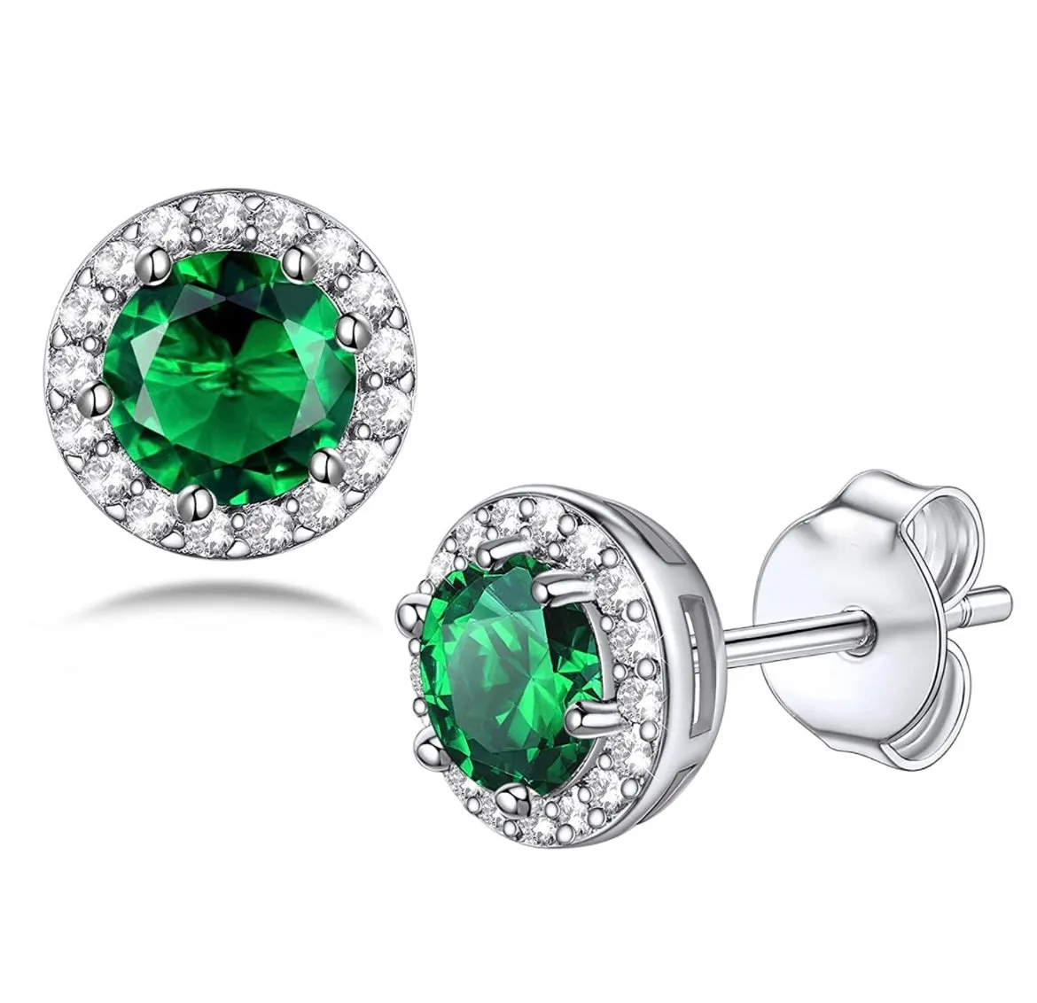 14K White Gold Flashed Birthstone Gemstone CZ Halo Studs Earrings