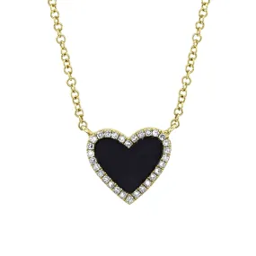 14K Yellow Gold Black Onyx and Diamond Heart Necklace