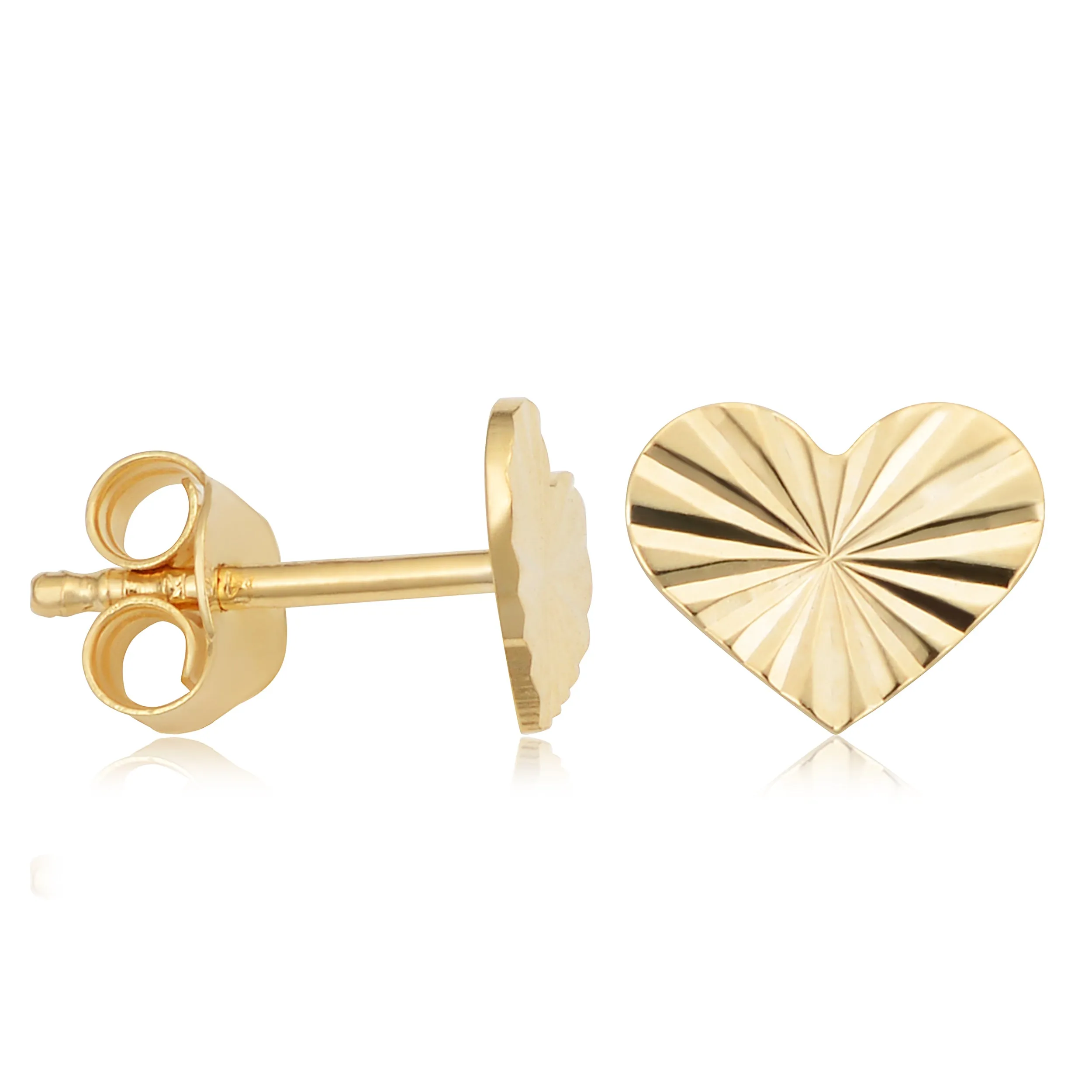 14k Yellow Gold Diamond-Cut Heart Stud Earrings Minimalist Jewelry For Women