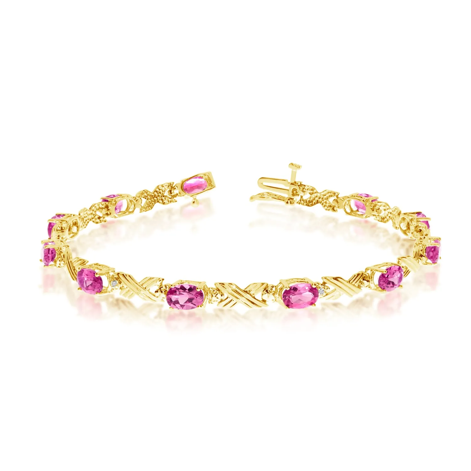 14K Yellow Gold Oval Pink Topaz Stones And Diamonds Tennis Bracelet, 7"