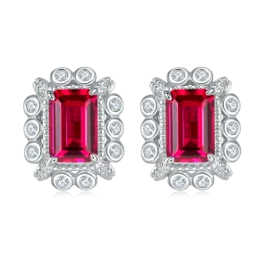 1.6 Carat Rectangular Lab Created Ruby Halo Stud Earrings in S925 Silver Plated Platinum