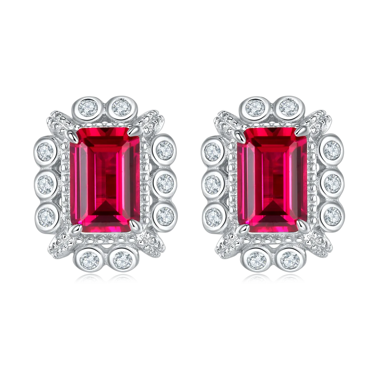 1.6 Carat Rectangular Lab Created Ruby Halo Stud Earrings in S925 Silver Plated Platinum