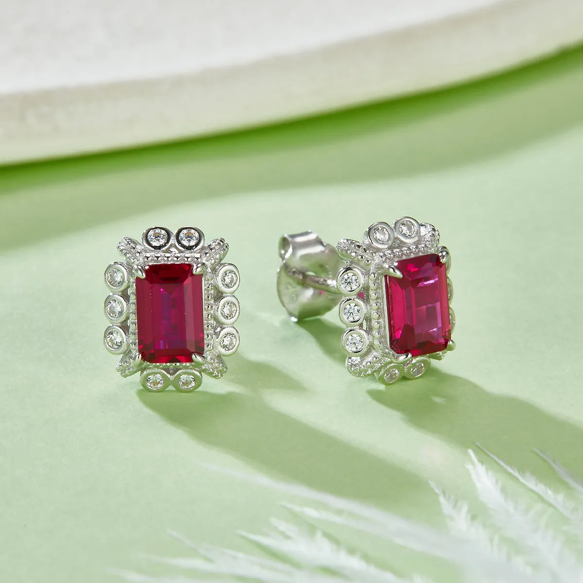 1.6 Carat Rectangular Lab Created Ruby Halo Stud Earrings in S925 Silver Plated Platinum