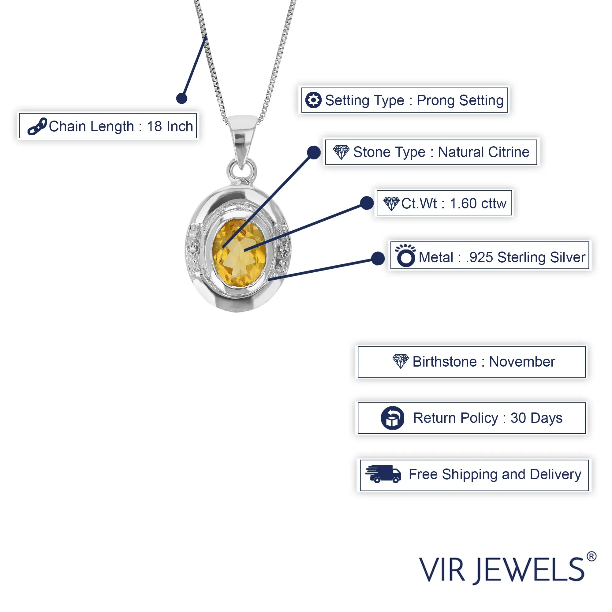 1.60 cttw Citrine & Diamond Pendant .925 Sterling Silver With 18 Inch Chain