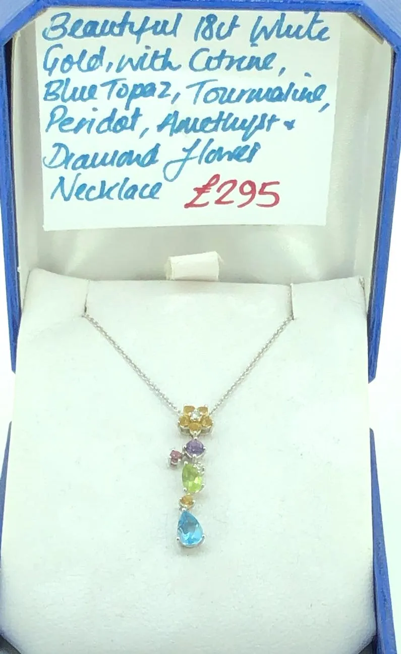 18 ct white gold citrine, topaz, peridot, diamond and amethyst necklace