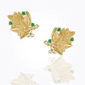 18K Double Leaf Earrings with emerald and diamond