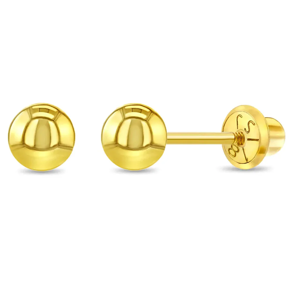 18K Gold Classic Ball 3-5mm Baby / Toddler / Kids Earrings Safety Screw Back