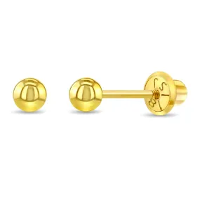 18K Gold Classic Ball 3-5mm Baby / Toddler / Kids Earrings Safety Screw Back