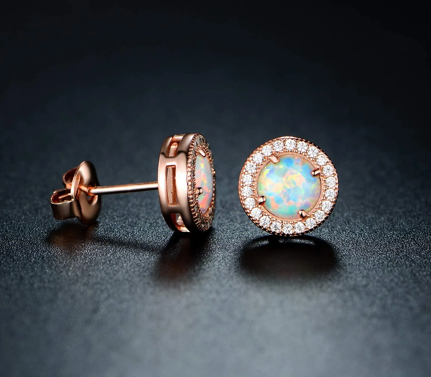 18K Gold Plated Opal Halo Stud Earrings