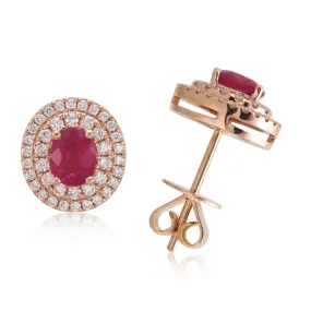 18k Gold Ruby & Diamond Oval Stud Earrings