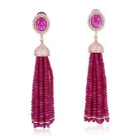 18K Rose Gold Faceted Ruby Beads Pave Diamond Beautiful Tassel Earrings For Weddings