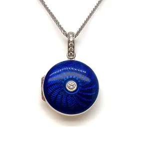 18K White Gold Diamond & Blue Enamel Locket