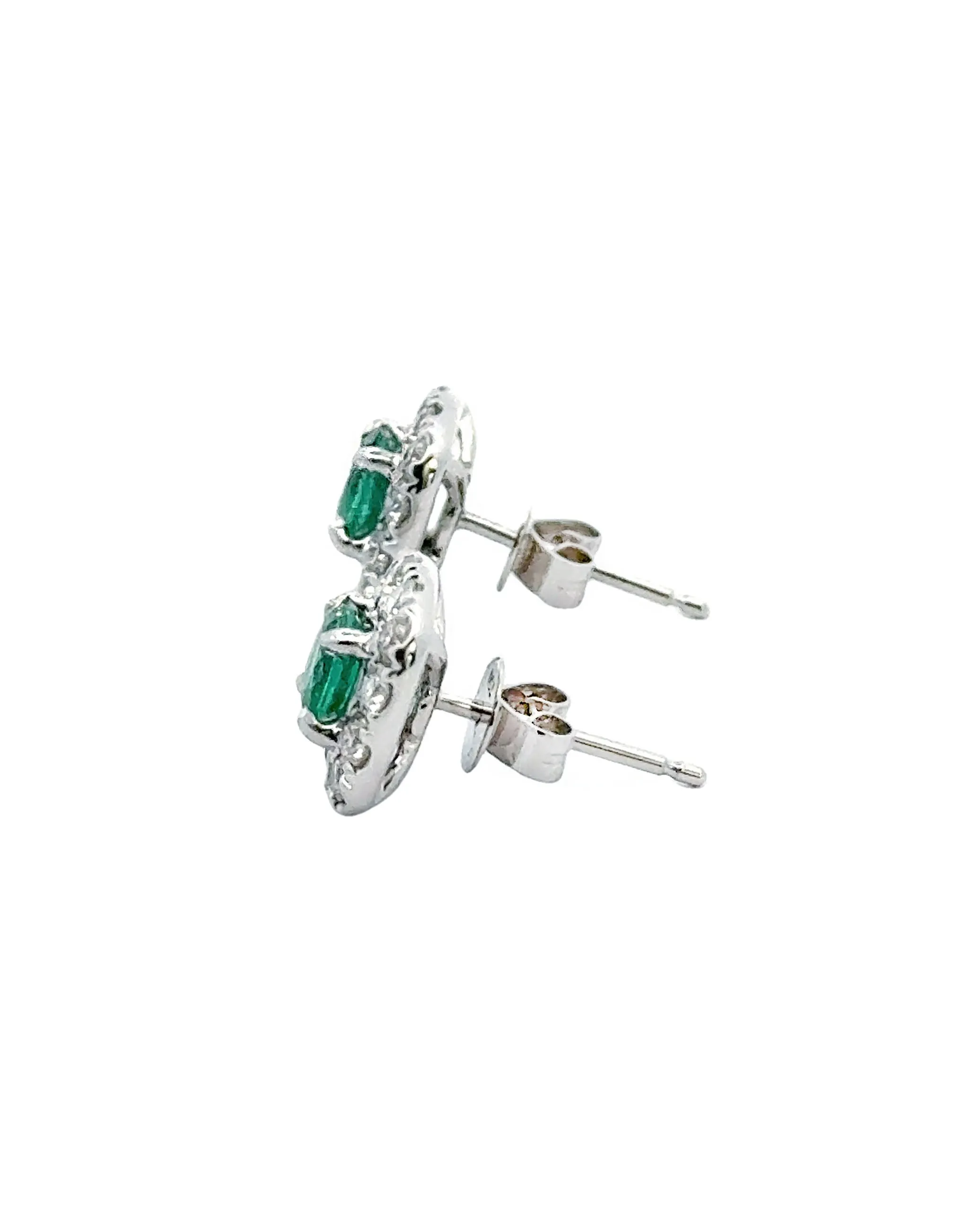 18K White Gold Halo Style Earrings with Emeralds and Diamonds