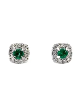 18K White Gold Halo Style Earrings with Emeralds and Diamonds